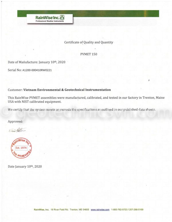 Certificate of Quality PVmet150